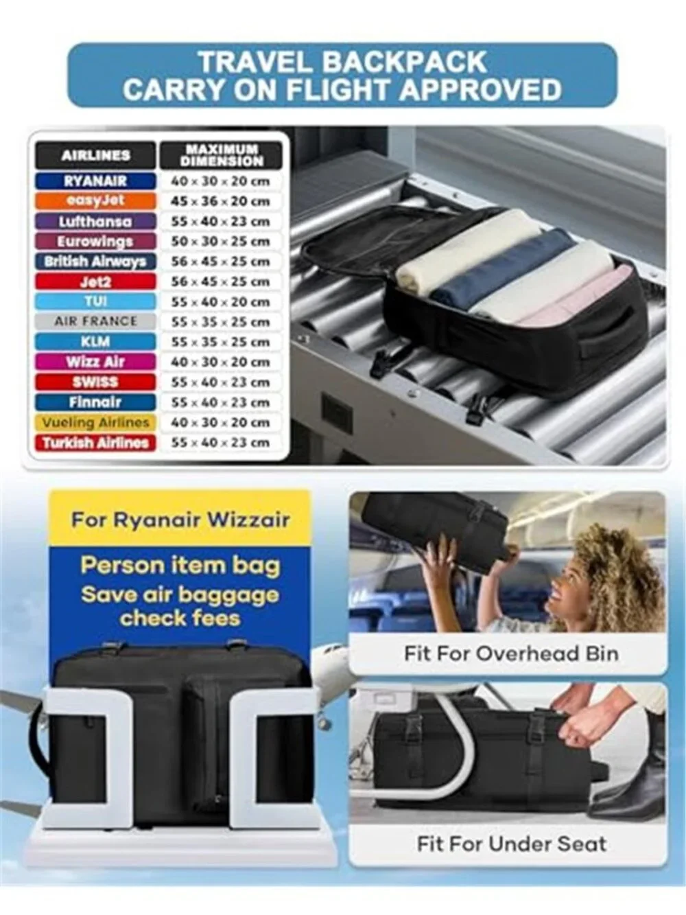 Large Carry On Travel Backpack Laptop Bag Personal Item Airport Flight Approved